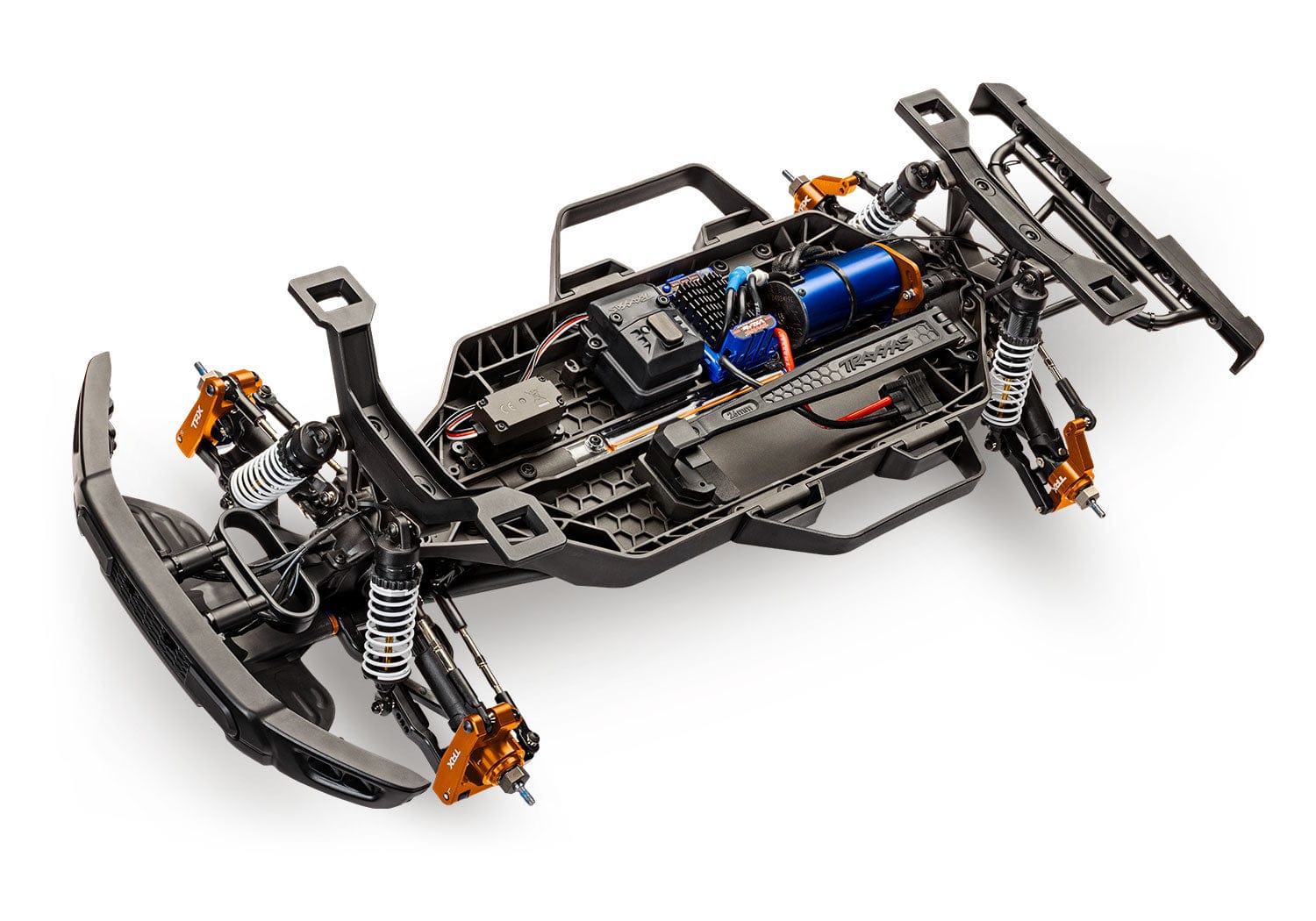[Motor] Traxxas Raptor R - gövdesiz şasi, mavi motor ve süspansiyon detayı