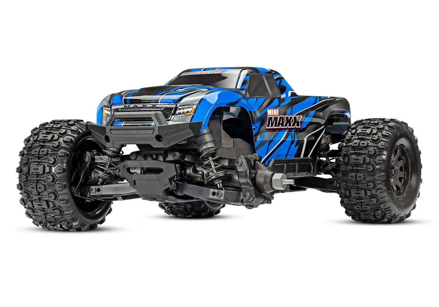 [Dış] Traxxas Mini Maxx - Mavi gövde stüdyo önden 3/4 açı tam araç