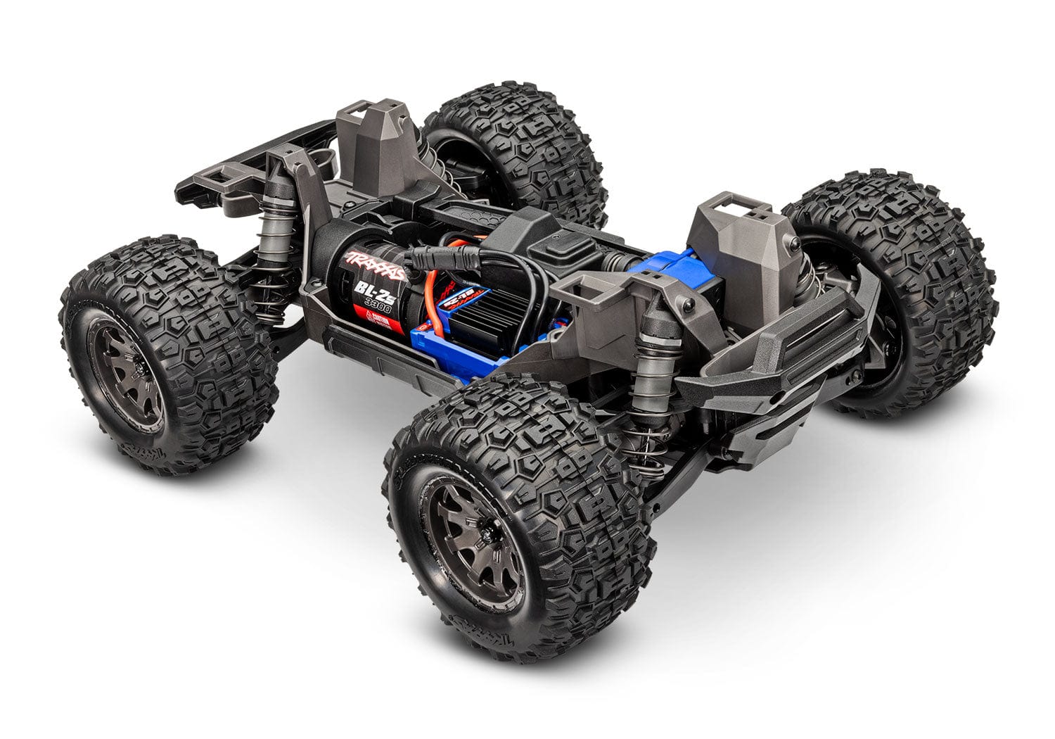 [Motor] Traxxas Mini Maxx - Şasi üst-yan açıdan, BL-2s 3300 fırçasız motor ve elektronikler