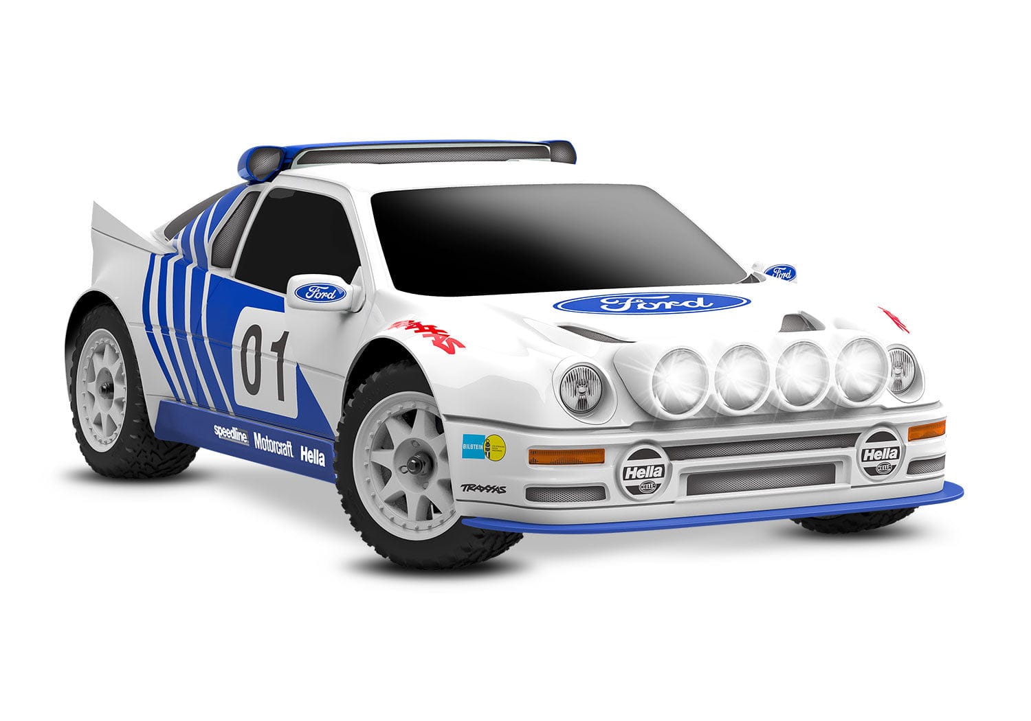 [Dış] Traxxas Mini Rally RS200 - stüdyo beyaz fon ön çapraz görünüm, Ford rally kaplamalı gövde