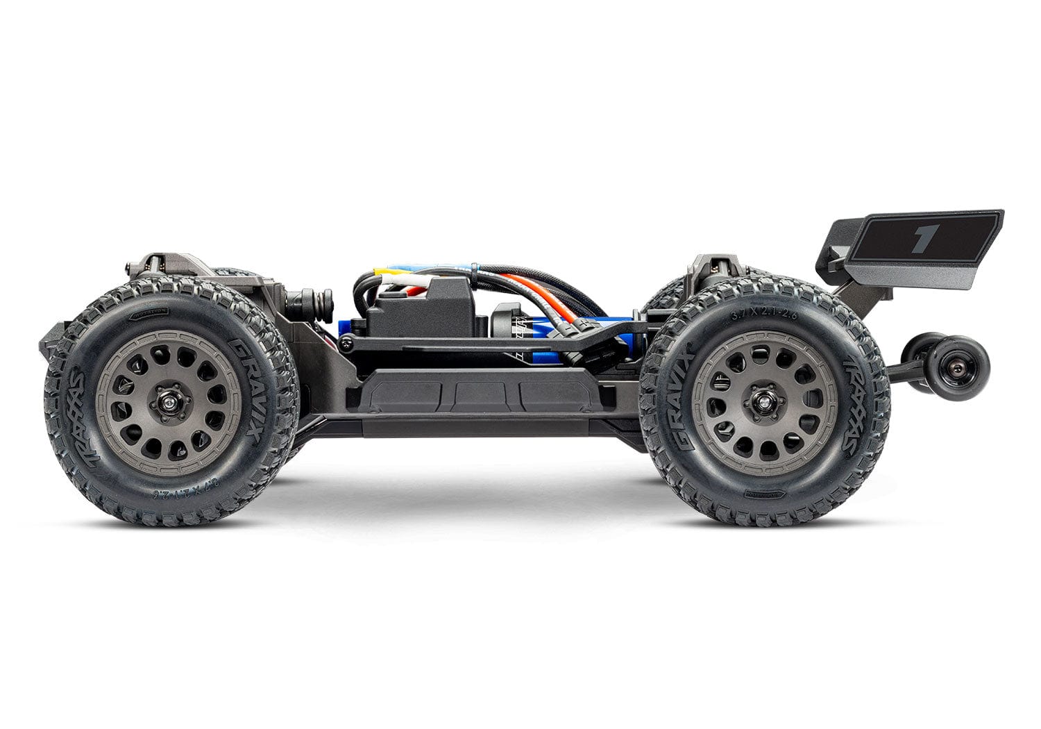 [Boyut] Traxxas Mini XRT VXL-3s - kasasız şasi yandan tam görünüm Gravix lastikler ile