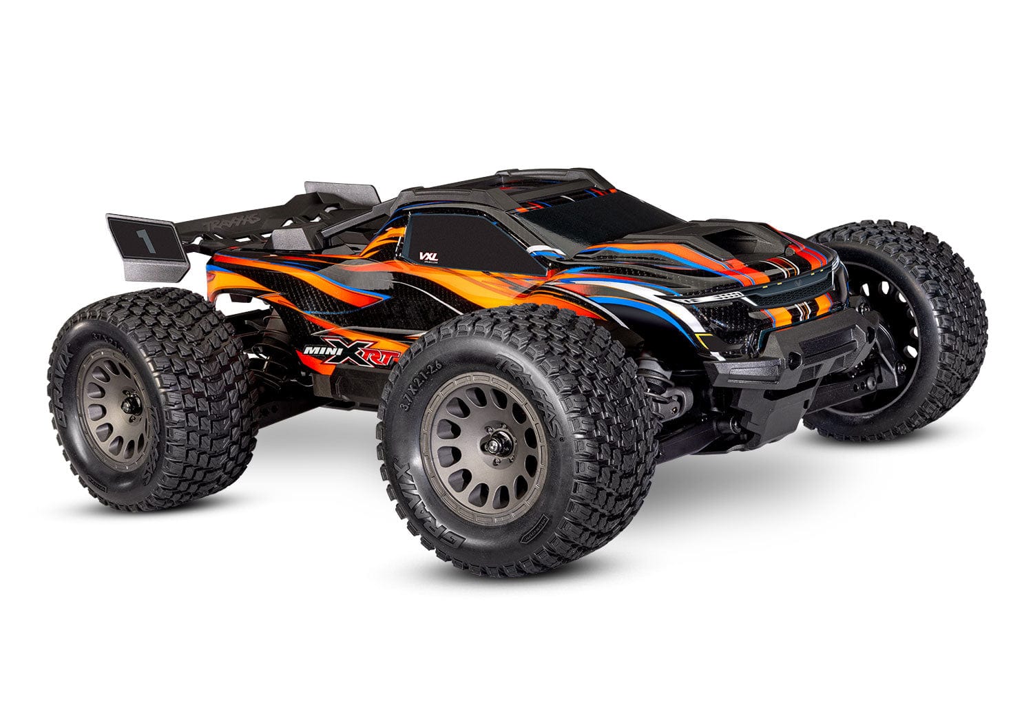 [Dış] Traxxas Mini XRT VXL-3s - turuncu kasa önden üçte iki açıdan stüdyo görünüm