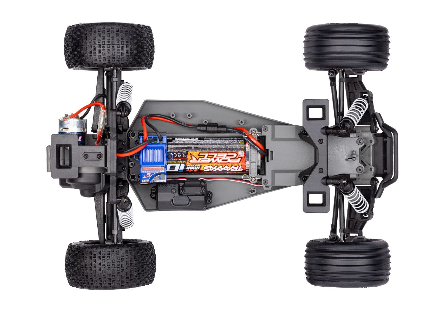 [Motor] Traxxas Rustler XL-5 - Şaşi üstten görünüm batarya ESC ve motor mekanik