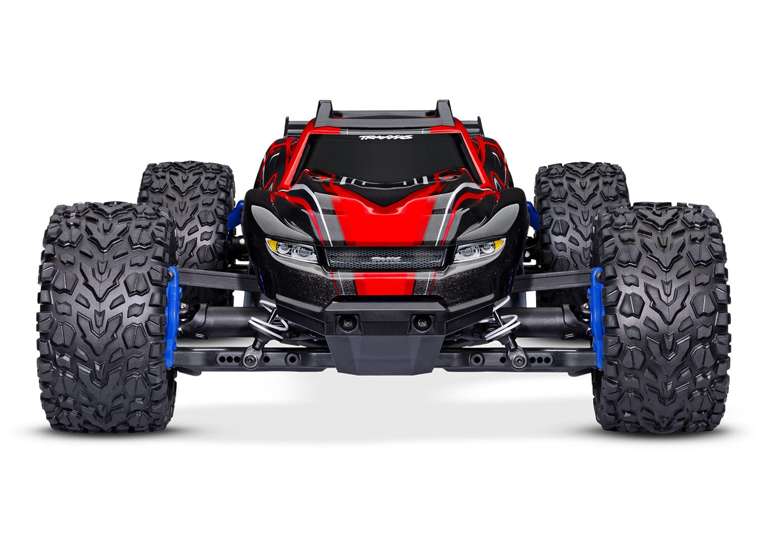 [Dış] Traxxas Rustler Combo - kırmızı kaportalı stüdyo çekimi, önden görünüm