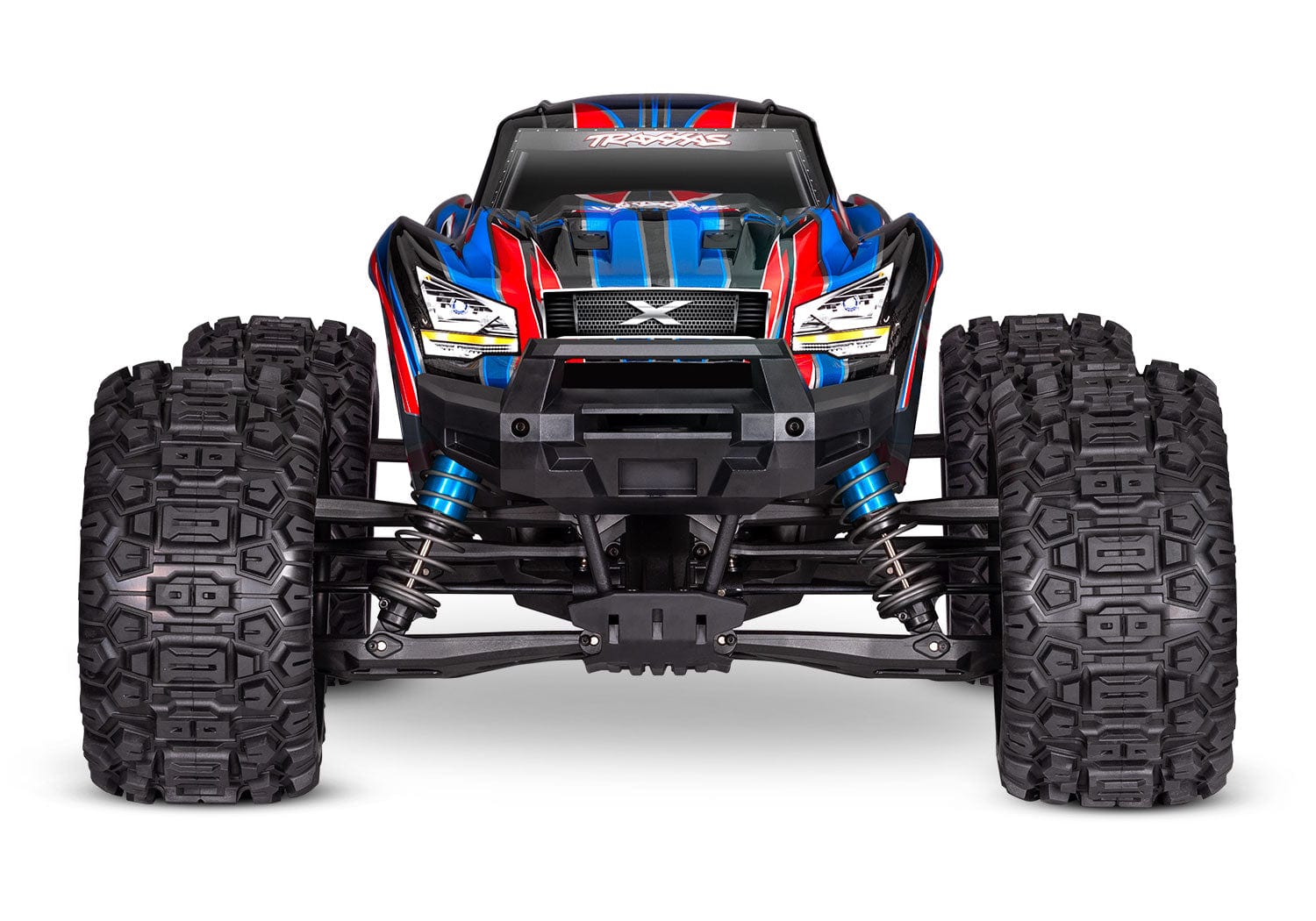 [Dış] Traxxas X-Maxx Belted - mavi/kırmızı araç önden görünüm