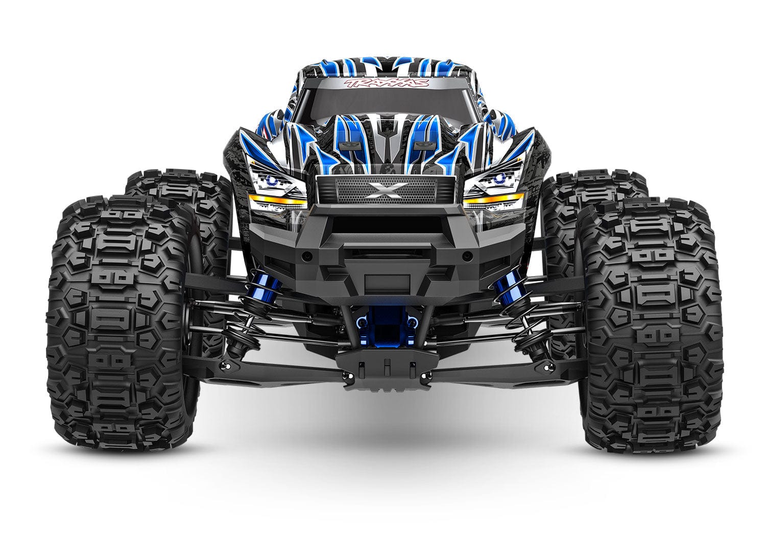 [Dış] Traxxas X-Maxx - mavi gövde önden tam görünüm stüdyo