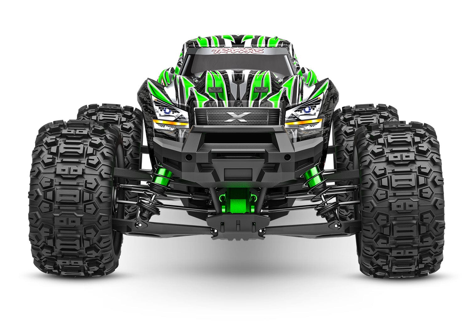 [Dış] Traxxas X-Maxx - yeşil gövde önden tam görünüm stüdyo