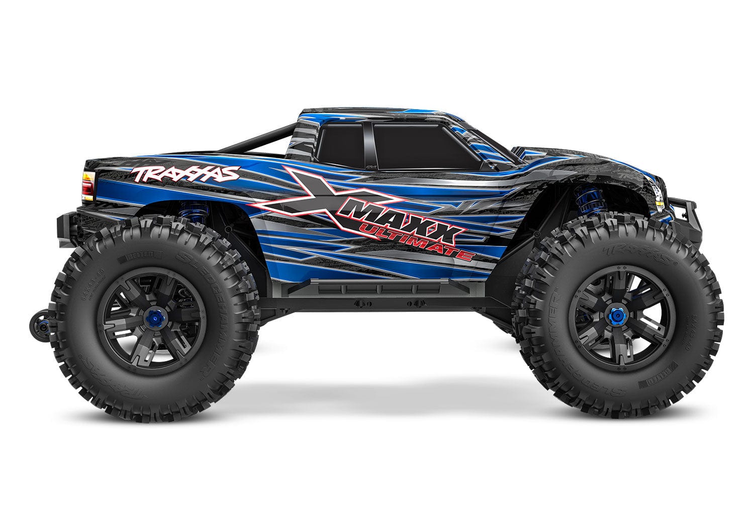 [Dış] Traxxas X-Maxx - mavi gövde tam yan profil stüdyo görünümü