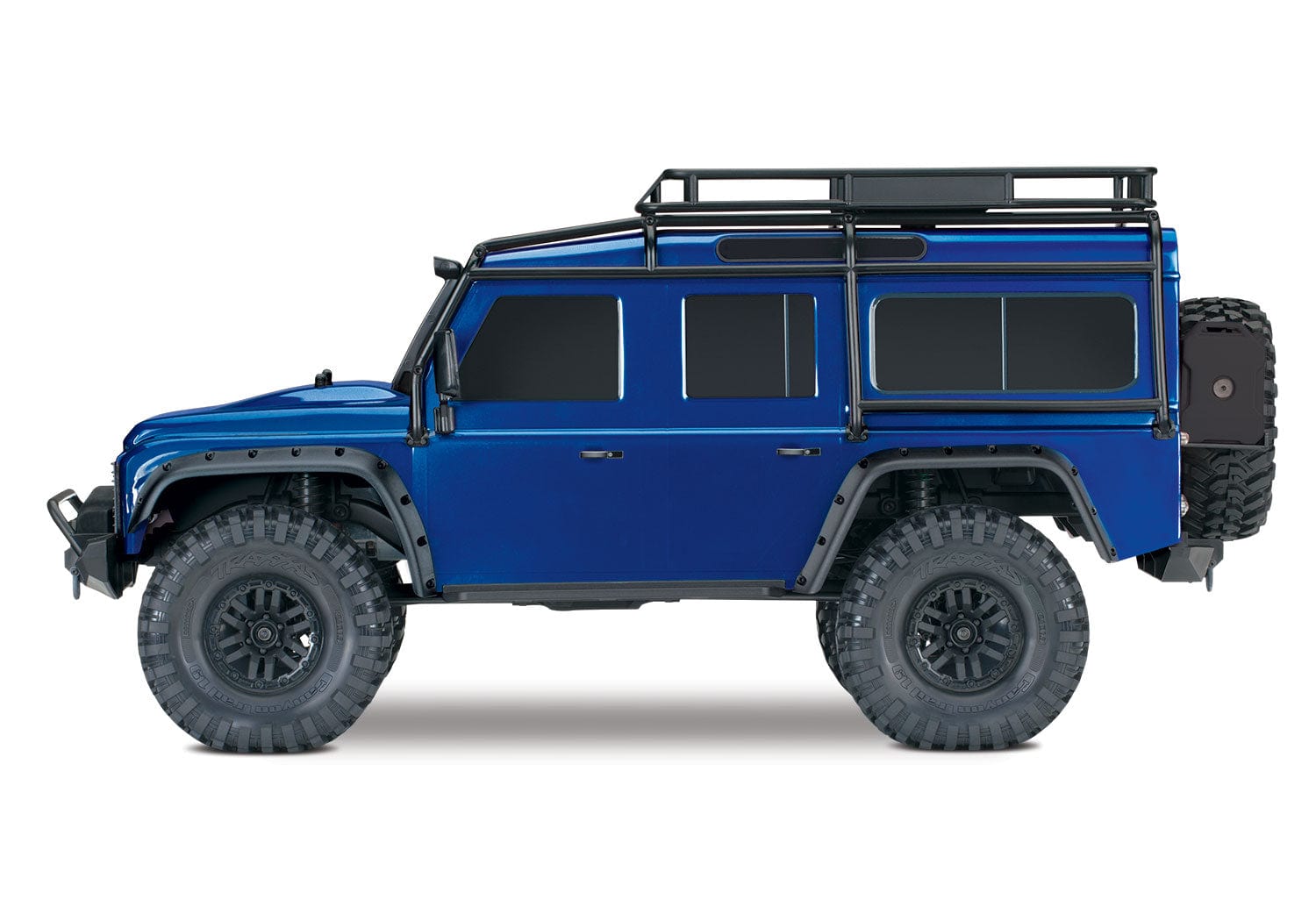 [Dış] Traxxas TRX-4 Defender Combo - Mavi Defender stüdyo yan profil görünümü tavan rafı ve yedek lastik