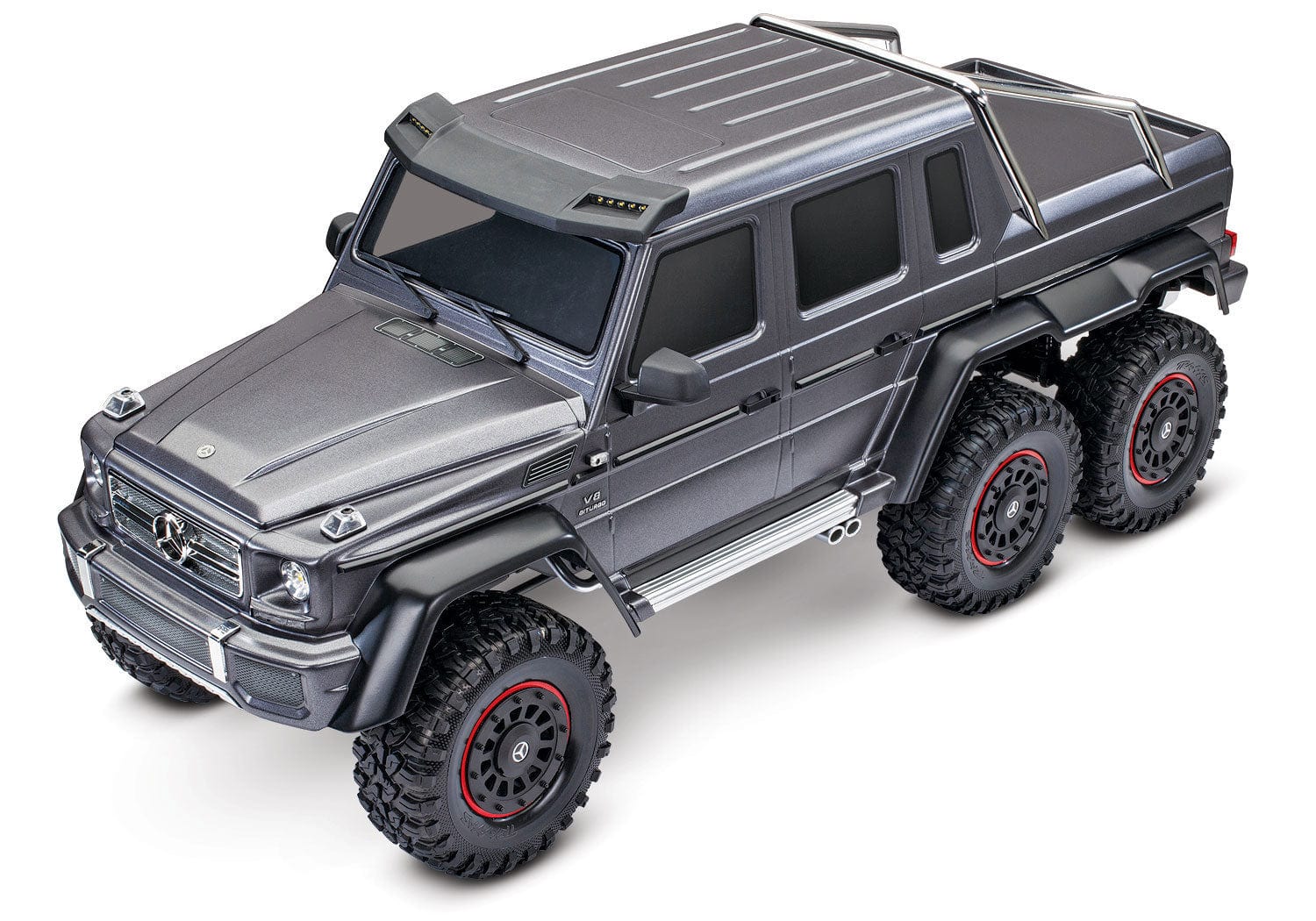 [Dış] Traxxas G63 6x6 - gri stüdyo yüksek açı ön çapraz görünüm