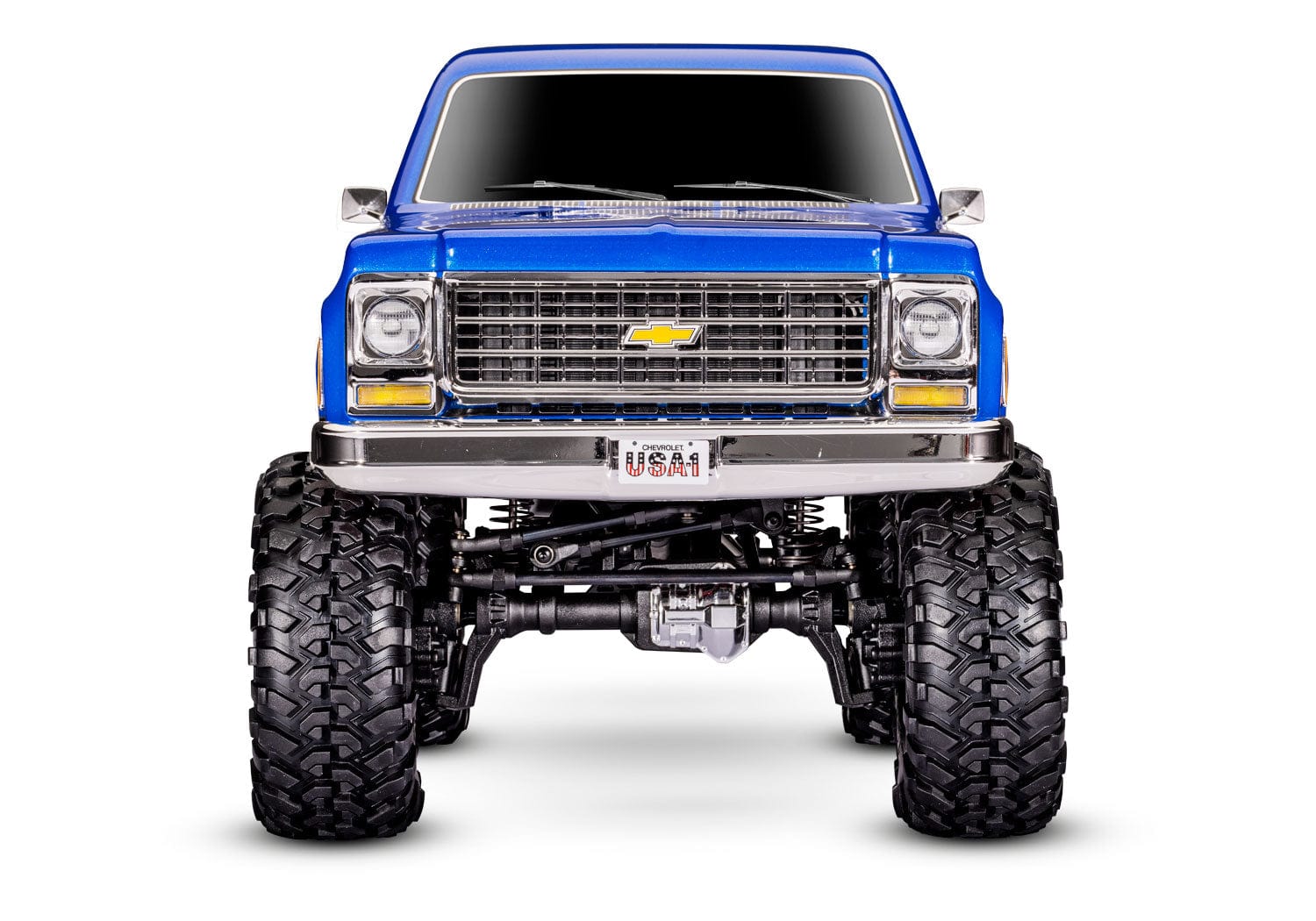 [Dış] Traxxas K10 Cheyenne - mavi stüdyo çekimi, önden tam görünüm