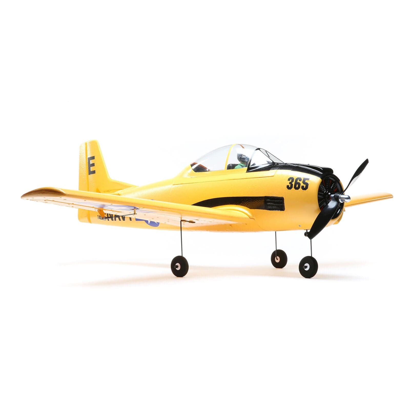 [Dış] E-flite T-28 Trojan 1.1m - Stüdyo çekimi, ön sol üç çeyrek görünüm, sarı Navy boyası