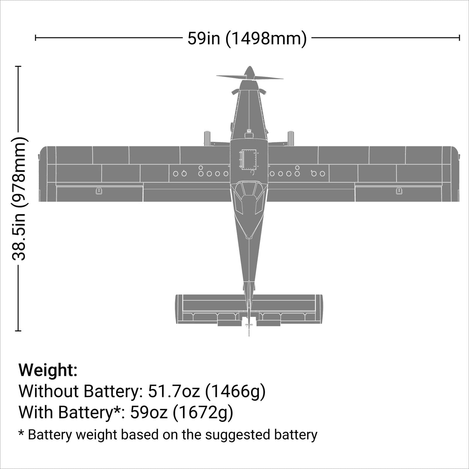 [Boyut] E-Flite Air Tractor 1.5m BNF - Ölçü diyagramı, 59in kanat açıklığı ve 38.5in uzunluk