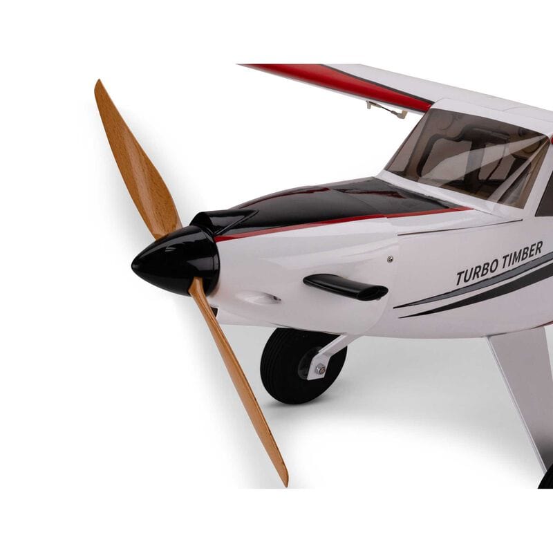 [Detay] E-flite Turbo Timber SWS 2.0m - Burun bölümü ve ahşap pervane yakın çekim, Turbo Timber yazısı