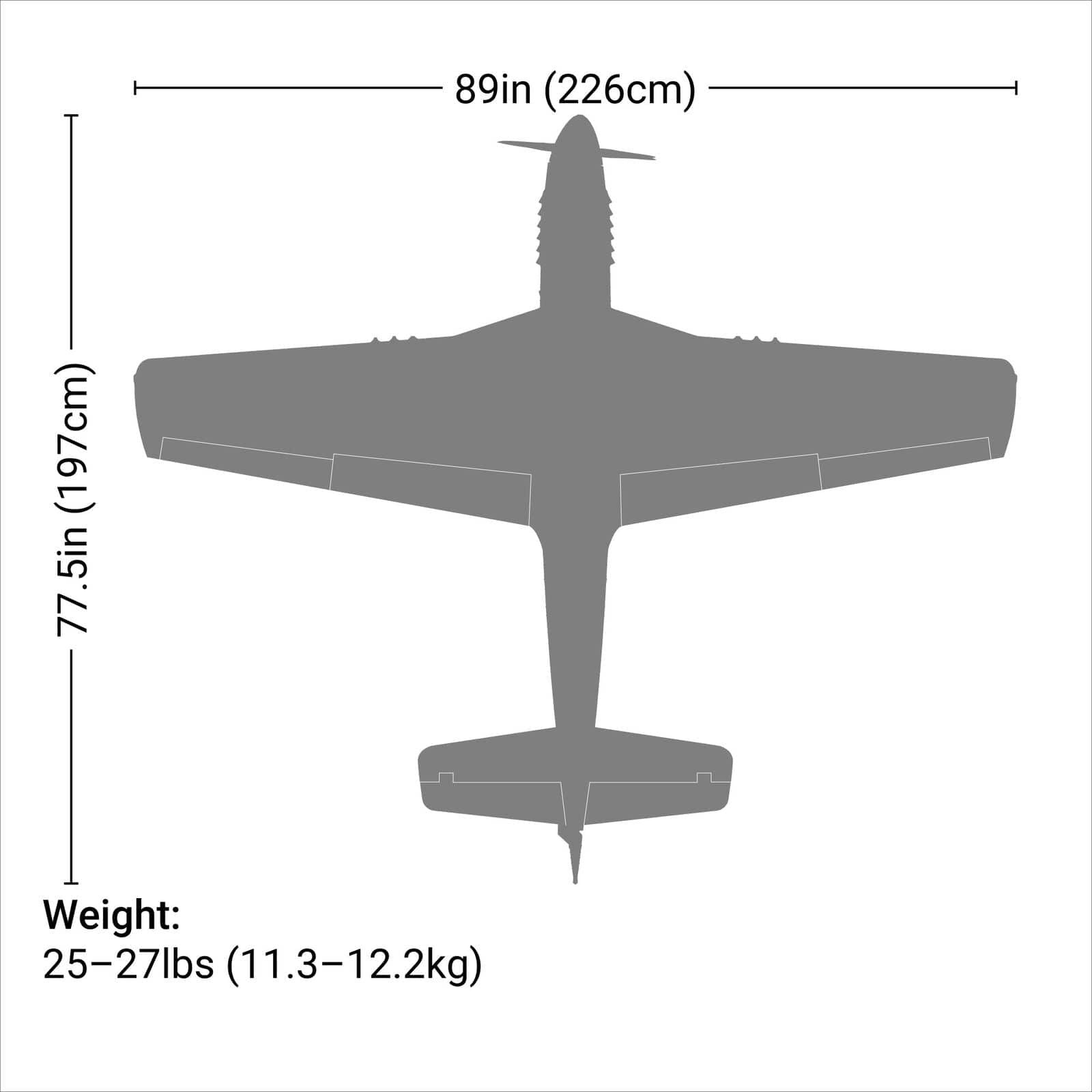 [Boyut] Hangar 9 P-51D Mustang 60cc ARF 89" - ölçü diyagramı, kanat açıklığı ve uzunluk