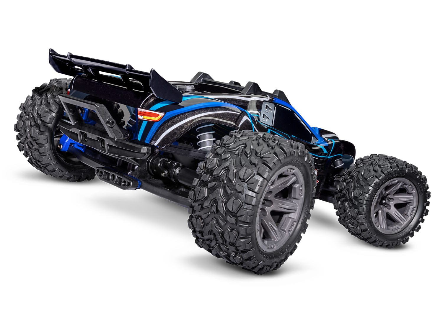 [Dış] Traxxas Rustler Combo - mavi kaportalı stüdyo çekimi, arka çapraz görünüm