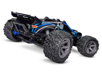 [Dış] Traxxas Rustler Combo - mavi kaportalı stüdyo çekimi, arka çapraz görünüm