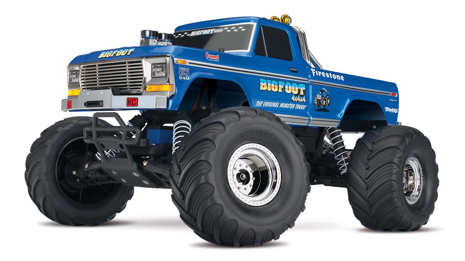[Dış] Traxxas Bigfoot No.1 - stüdyo 3/4 önden görünüm, mavi gövde