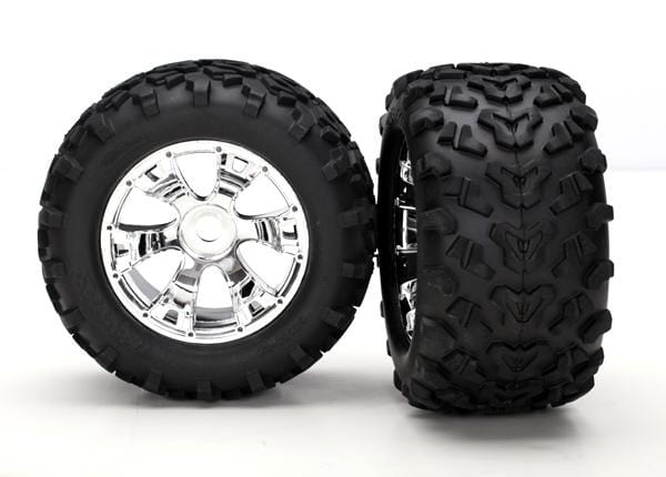 Tires & wheels, assembled, glued (Geode chrome wheels, Maxx tires (6.3" outer diameter), foam inserts) (2) (use with 17mm splined wheel hubs & nuts, part #5353X & beadlock-style sidewall protectors, part #5665, 5666, 5667)