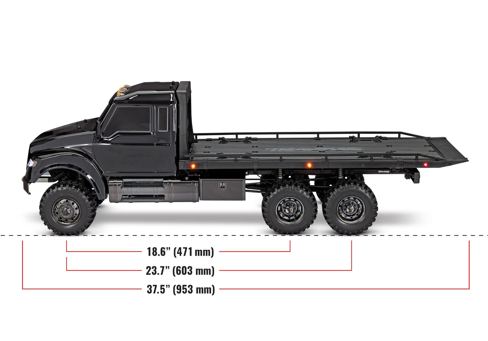 [Boyut] Traxxas TRX-6 Hauler - yan profil ölçü çizgileriyle, dingil mesafesi ve uzunluk mm