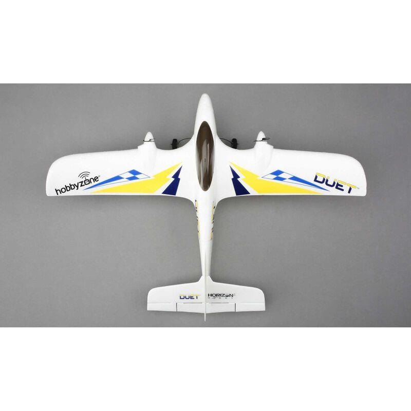 [Dış] HobbyZone Duet RTF - Üstten görünüm, Duet ve HobbyZone logosu