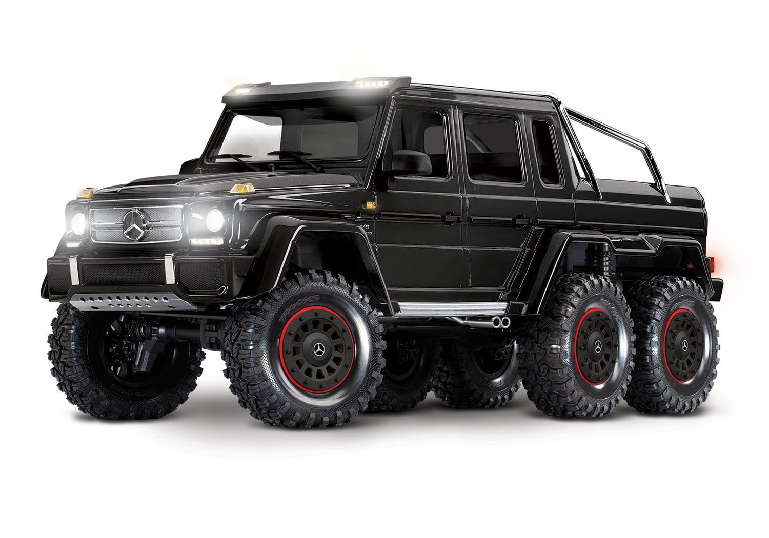 [Dış] Traxxas G63 6x6 - siyah stüdyo ön çapraz görünüm, farlar açık