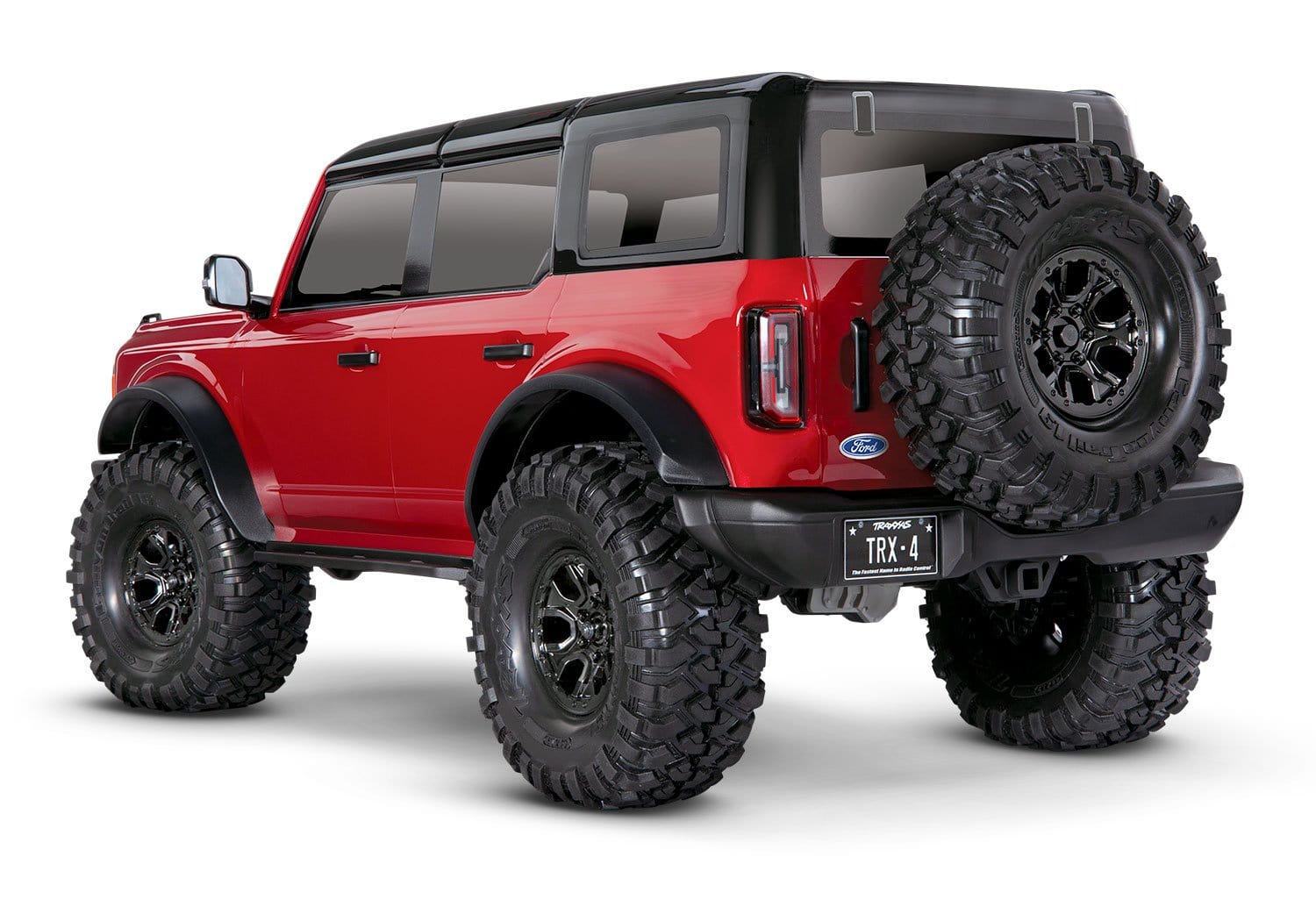 [Dış] Traxxas TRX-4 Bronco 2021 - kırmızı araç stüdyo arkadan, TRX-4 plakası ve yedek lastik
