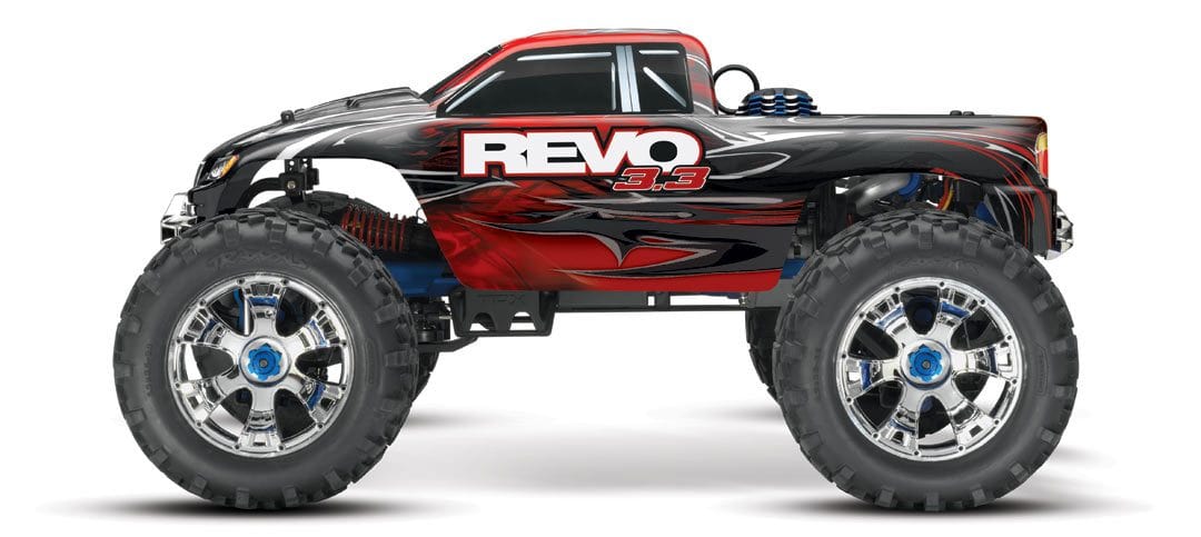 [Dış] Traxxas Revo 3.3 - kırmızı kaportalı nitro monster truck yan profil