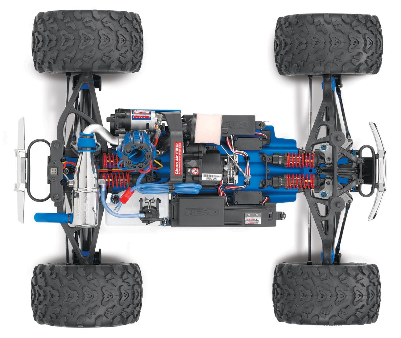 [Motor] Traxxas Revo 3.3 - üstten şasi görünümü, nitro motor, hava filtresi ve egzoz